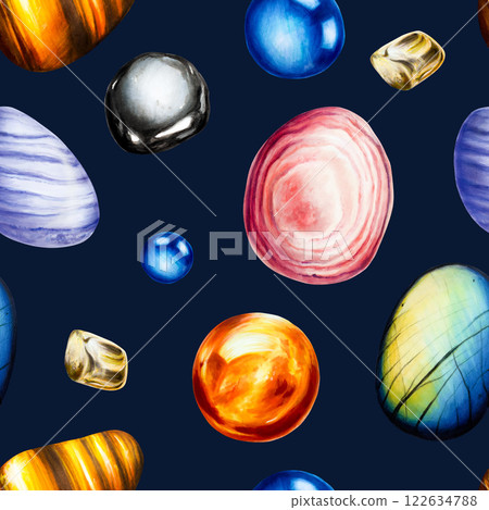 Seamless pattern with root and sacral, solar plexus, third eye, heart and crown chakras gemstone isolated illustrations. Watercolor hand drawn hematit, orange calcite and carnelian, Tiger's Eye Seamless pattern with root and sacral, solar plexus, third eye, heart and crown chakras gemstone isolated illustrations. Watercolor hand drawn hematit, orange calcite and carnelian, Tiger's Eye 122634788