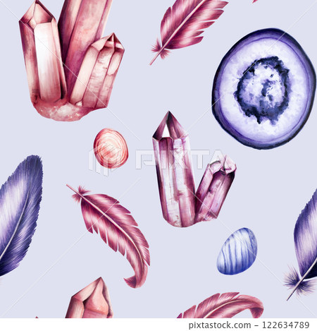 Seamless pattern with gemstone Agate, diamond and amethyst slice crystal and feather. Hand drawn watercolor illustrations. Minerals isolated on background. Clip art for designers, cards, invitations Seamless pattern with gemstone Agate, diamond and amethyst slice crystal and feather. Hand drawn watercolor illustrations. Minerals isolated on background. Clip art for designers, cards, invitations 122634789