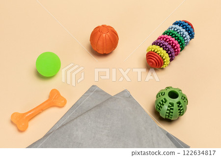 Pet supplies and playful items including a training pad, toy balls, rubber rings and a chew bone for dogs. 122634817