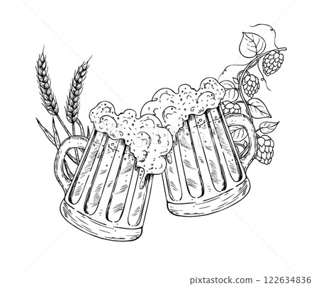 Vector Glass of beer with cap of foam and common hop. Graphic ink ale illustration, organic Humulus lupulus branch with leaves and cones isolated on background. Hand drawn line sketch. For designers 122634836