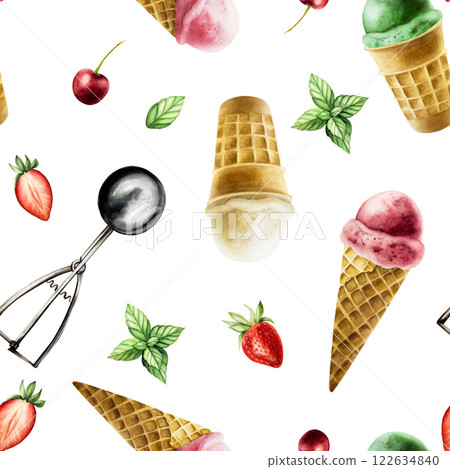 Seamless pattern with vanilla and strawberry, raspberry ice cream in crispy waffle cone, mint. Silver scoop spoon. Hand painting sweet watercolor illustration isolated on background. For designers Seamless pattern with vanilla and strawberry, raspberry ice cream in crispy waffle cone, mint. Silver scoop spoon. Hand painting sweet watercolor illustration isolated on background. For designers 122634840