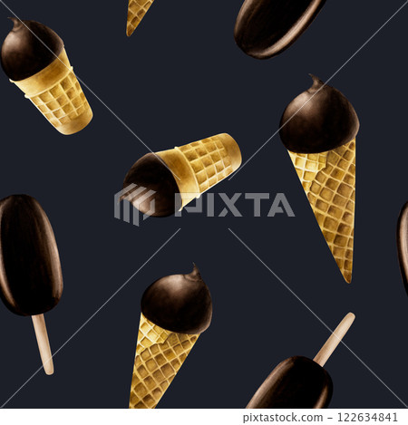Seamless pattern with popsicle, scoop of chocolate glaze ice cream in crispy waffle cone. Hand painting sweet watercolor illustration isolated on background. For designers, menu, shop, decoration Seamless pattern with popsicle, scoop of chocolate glaze ice cream in crispy waffle cone. Hand painting sweet watercolor illustration isolated on background. For designers, menu, shop, decoration 122634841