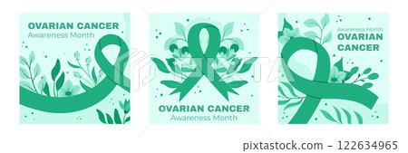 Ovarian Cancer Awareness Month Square Design Featuring Teal Ribbons, Floral Backgrounds, and Supportive Health Awareness Graphics Ovarian Cancer Awareness Month Square Design Featuring Teal Ribbons, Floral Backgrounds, and Supportive Health Awareness Graphics 122634965