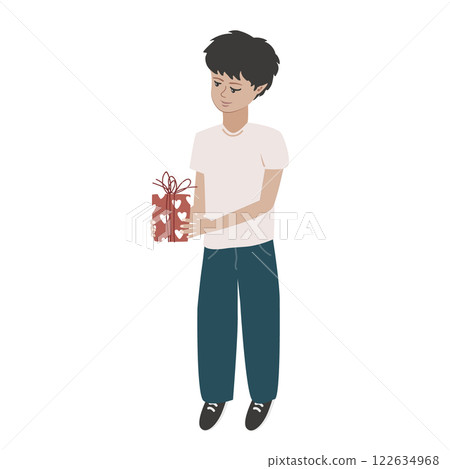 Cute shy boy is going to present a gift box. Little kid holding a gift. Isolated vector illustration Cute shy boy is going to present a gift box. Little kid holding a gift. Isolated vector illustration 122634968