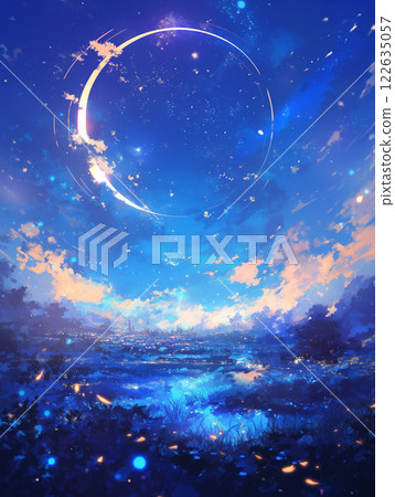Fantastic blue night sky and shining rings | Lights of a futuristic city with a mysterious landscape 122635057