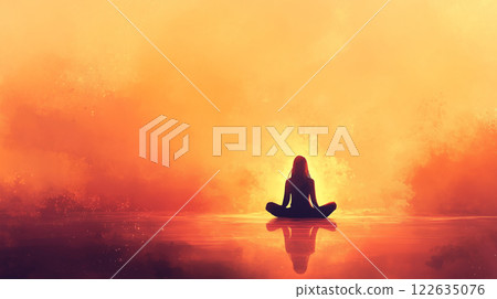 A woman meditating in the setting sun | Spiritual, fantastical, tranquil and healing art 122635076