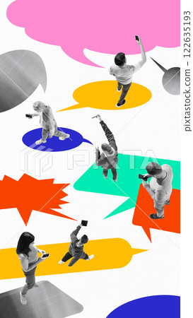 Mix of colorful speech bubbles and people using different devices against white background. Digital networking, real-time messaging, and online conversations. Mix of colorful speech bubbles and people using different devices against white background. Digital networking, real-time messaging, and online conversations. 122635193