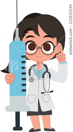 Cute female doctor cartoon holding a syringe for injection and vaccination Cute female doctor cartoon holding a syringe for injection and vaccination 122635234