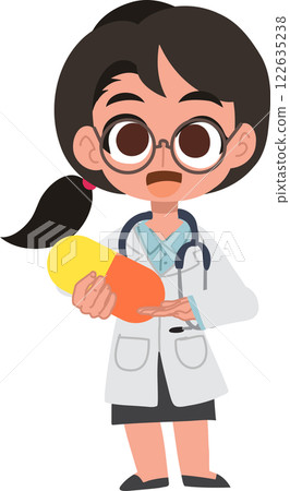 Friendly female doctor illustration explaining medication safety and pharmaceutical care Friendly female doctor illustration explaining medication safety and pharmaceutical care 122635238