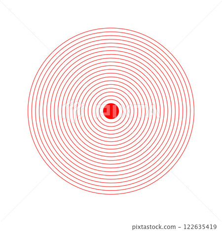Red concentric circles. Pain localization icon. Ache, sore or inflammation symbol. Pulse, shockwave, radiation or vibration sign. Coverage or damage, radio signal pictograms. Vector illustration 122635419