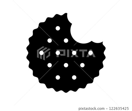 Bitten round cracker silhouette. Sweet or salty biscuit cookie. Popular kids crunchy snack isolated on white background. Vector graphic illustration 122635425