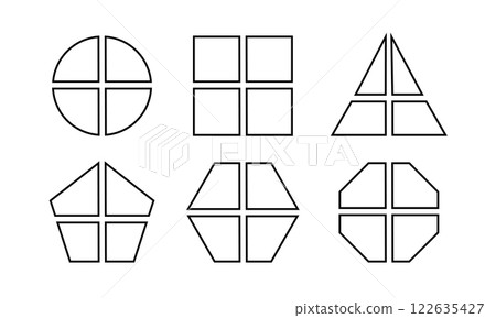 Set of geometric round, square and triangle, pentagon, hexagon and octagon shapes divided into 4 equal sectors. Simple diagrams, business charts segmented on four parts. Vector graphic illustration Set of geometric round, square and triangle, pentagon, hexagon and octagon shapes divided into 4 equal sectors. Simple diagrams, business charts segmented on four parts. Vector graphic illustration 122635427
