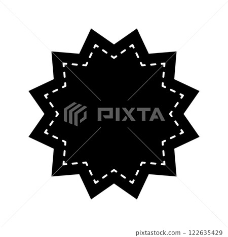 Star shape with dotted stitches line. Empty tag, patch, sticker, text box, price label, promo code badge isolated on white background. Vector graphic illustration 122635429