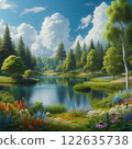 Flowers blooming by the lake 122635738