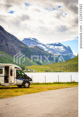 Camper car in norwegian mountains 122635882