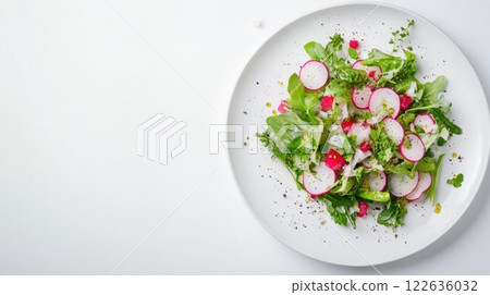 Fresh and vibrant salad with arugula, sliced radishes, herbs, and a drizzle of olive oil, elegantly presented on a white plate against a minimalist background 122636032