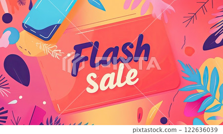 Vibrant minimalistic banner with bold Flash Sale text, colorful abstract shapes, and dynamic composition in bright pink, orange, and blue tones Vibrant minimalistic banner with bold Flash Sale text, colorful abstract shapes, and dynamic composition in bright pink, orange, and blue tones 122636039