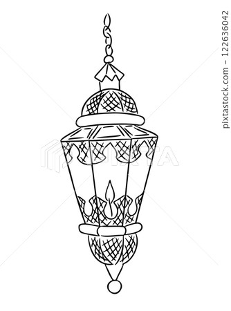Hand drawn Islamic lantern with intricate patterns, a candle flame inside, and traditional decorative details, symbolizing spirituality and festive occasions. Vector line art illustration 122636042