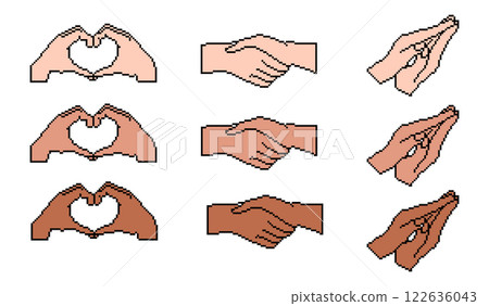 Pixel art hands in various gestures including heart shape, handshake, and praying hands, depicted in diverse skin tones, showcasing simplicity and inclusivity. Vector retro style illustrations 122636043