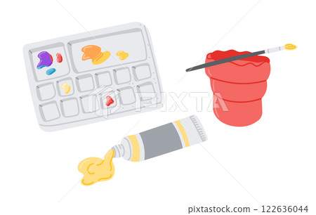 Art supplies illustration with a paint palette with colorful paints, a paintbrush, a red water cup, and a squeezed tube of yellow paint in a flat, minimalistic style. Vector hand drawn illustrations 122636044