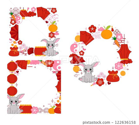CNY Lantern festival of rabbit bunny 2035 circle round frame set with chinese traditional elements and grey bunny vector graphic line template set on transparent background CNY Lantern festival of rabbit bunny 2035 circle round frame set with chinese traditional elements and grey bunny vector graphic line template set on transparent background 122636158