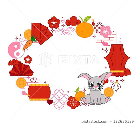 Chinese new year of rabbit bunny 2035 oval frame template for your text. CNY lunar lantern festival related objects vector graphic illustration Chinese new year of rabbit bunny 2035 oval frame template for your text. CNY lunar lantern festival related objects vector graphic illustration 122636159