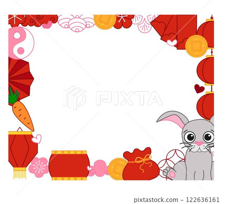 Chinese New Year 2035 bunny rabbit modern art design in red, gold and white colors for cover, card, poster, banner with trendy geometric pattern. Lunar lantern festival, vector rectangle frame 122636161