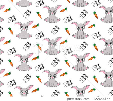 Baby bunny rabbit vector seamless pattern with carrots and footsteps. repeat background, cute spring easter hare surface design. Sweet hand drawn bunnies. Naive kid vector illustration Baby bunny rabbit vector seamless pattern with carrots and footsteps. repeat background, cute spring easter hare surface design. Sweet hand drawn bunnies. Naive kid vector illustration 122636166