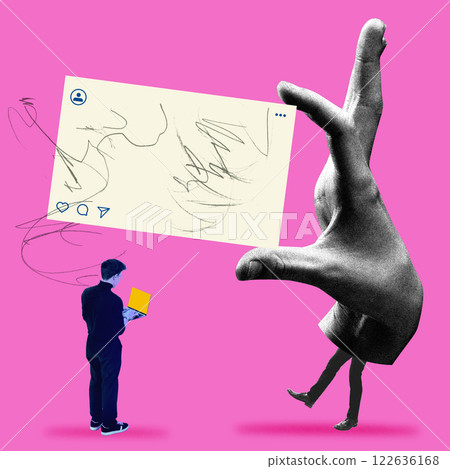 Hand holding large social media post while man looking in laptop, representing content creation, teamwork, and social media influence. Hand holding large social media post while man looking in laptop, representing content creation, teamwork, and social media influence. 122636168