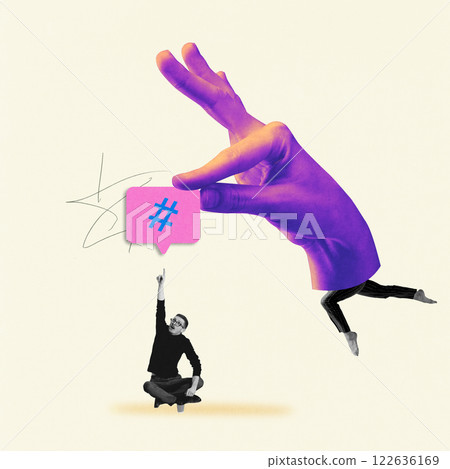 Giant hand with hashtag and seated man, symbolizing digital trends, social media collaboration, and content promotion 122636169
