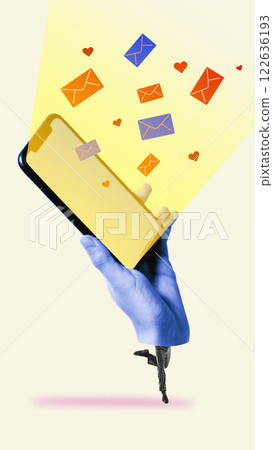 Instant messaging. Hand holding phone with glowing screen and flowing mails and hearts symbolizing notifications, connections and conversation 122636193