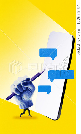 Digital dialogue. Giant hand holding pencil next to big abstract smartphone screen with text messages speech bubbles 122636194