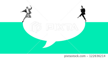 Business people, colleagues jump on a speech bubble with smartphones against white background. Remote business cooperation, deal 122636214