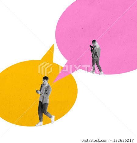 Young man and woman in speech bubble walking and chatting via smartphones against white background. Modern digital conversation Young man and woman in speech bubble walking and chatting via smartphones against white background. Modern digital conversation 122636217