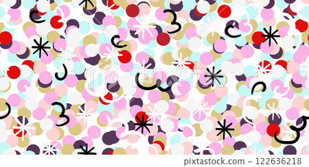 Modern Seamless festive pattern with confetti and streamers, flat abstract naive ornament for birthday, Easter, mother s day. Vector illustration. Modern Seamless festive pattern with confetti and streamers, flat abstract naive ornament for birthday, Easter, mother s day. Vector illustration. 122636218