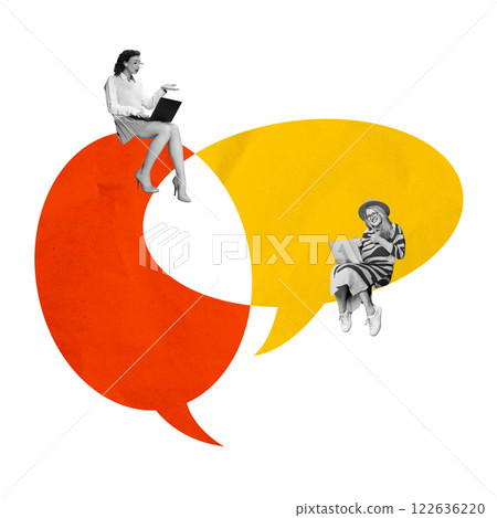 Two women sit on oversized colorful speech bubbles and working on laptops against white background. Education, freelance 122636220