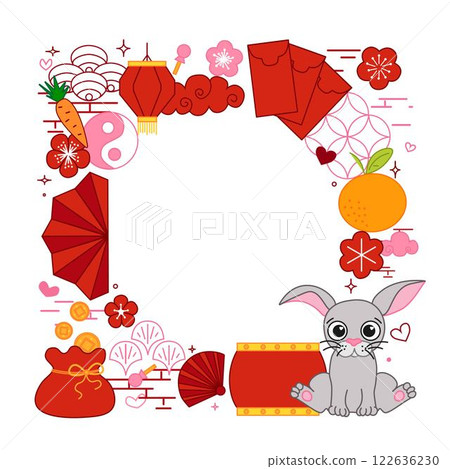 CNY 2035 rabbit bunny lunar lantern festival circle round frame in square. Vector graphic line illustration template 122636230