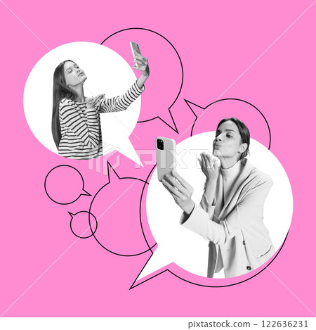 Two young woman in speech bubbles having online video call or taking selfie via smartphones against pink background. 122636231
