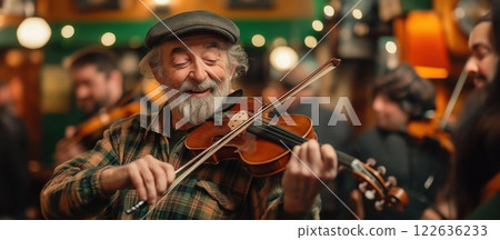 Elderly man playing the violin in Irish pub, surrounded by others celebrating with traditional music. Warmth. 122636233