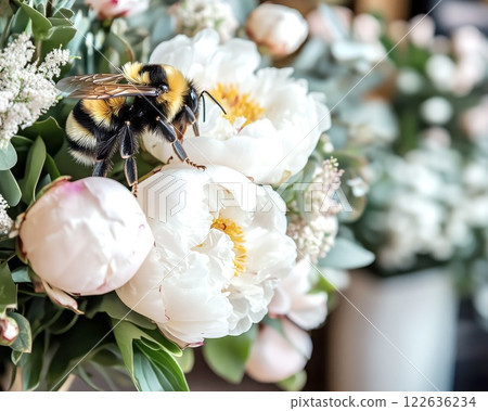 A fluffy bumblebee hovered over a beautiful bouquet of white and pink peonies, eucalyptus and delicate greenery, standing in a vase in a flower shop 122636234