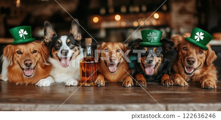 Different breeds of dogs, each in g Irish-themed hats, gather around wooden table with bottles of whiskey. 122636246