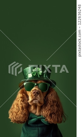 Stylish spaniel in green bowtie, glittery top hat, and matching sunglasses against solid green background. 122636248