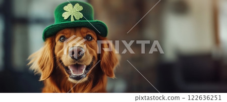 Adorable golden retriever dog in green leprechaun hat looking happily at camera, embodying festive cuteness. 122636251