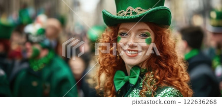 Woman with curly red hair and freckles smiling brightly at parade, dressed in green outfit and shamrock makeup. 122636268