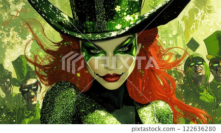 Vibrant illustration of red-haired woman wearing glittering green hat and makeup, showing energy of Saint Patricks Day. Vibrant illustration of red-haired woman wearing glittering green hat and makeup, showing energy of Saint Patricks Day. 122636280
