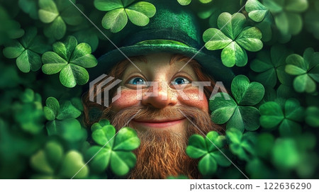 Close-up of cheerful leprechaun with bright blue eyes, surrounded by lush green shamrocks, embodying festive and lucky spirit of Saint Patricks Day. 122636290