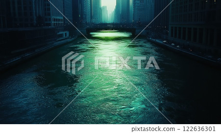 Scenic city river dyed green for Saint Patricks Day, with towering skyscrapers in the background and reflections of festive lights on the water. 122636301