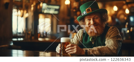 Cheerful red-haired man in green hat and vest enjoying pint in cozy Irish pub, fully embracing festive spirit. 122636343