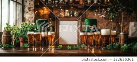 Wooden bar decorated with pints of beer, shamrocks, and green hats, creating festive mood of St. Patricks Day celebration. 122636361