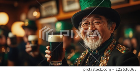 Elderly Asian smiling man in green leprechaun hat enjoying dark stout beer, surrounded by friends in lively pub setting. 122636365